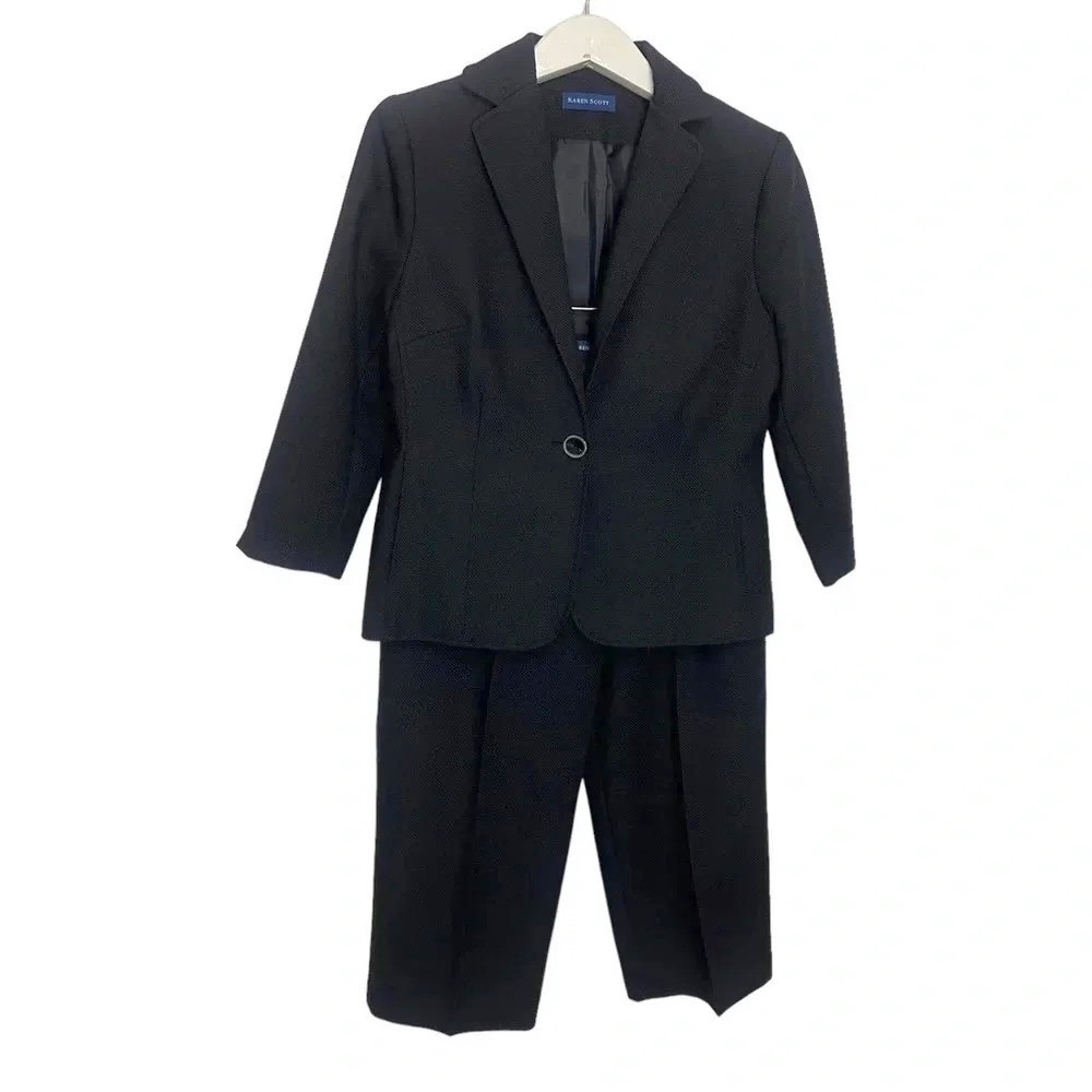 Karen Scott Pant Suit 8 Black Textured 3/4 Sleeve‎ Blazer Cropped Pants Set